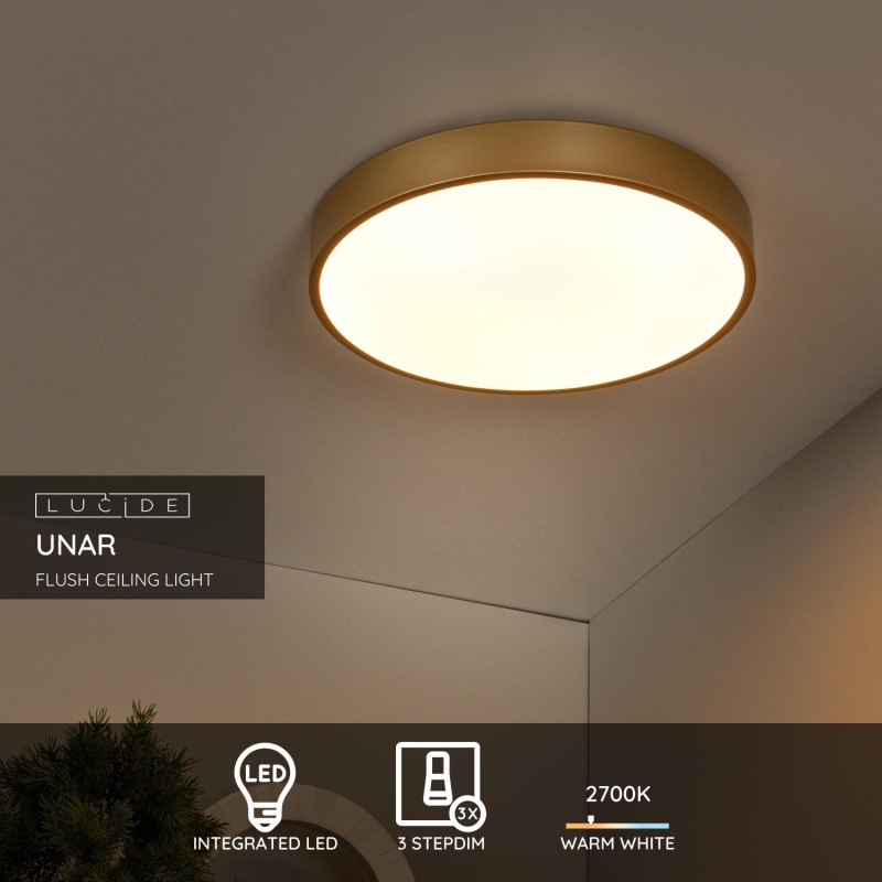 Lucide UNAR - Zapustené stropné svietidlo - Ø 39,5 cm - LED Dim. - 1x24W 2700K - 3 StepDim - Matt Gold / Mosadz